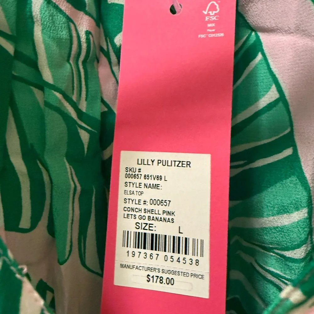 Lilly Pulitzer Green and Pink Leaf Print (Let’s Go Bananas Print) Elsa Top NW - Picture 4 of 4